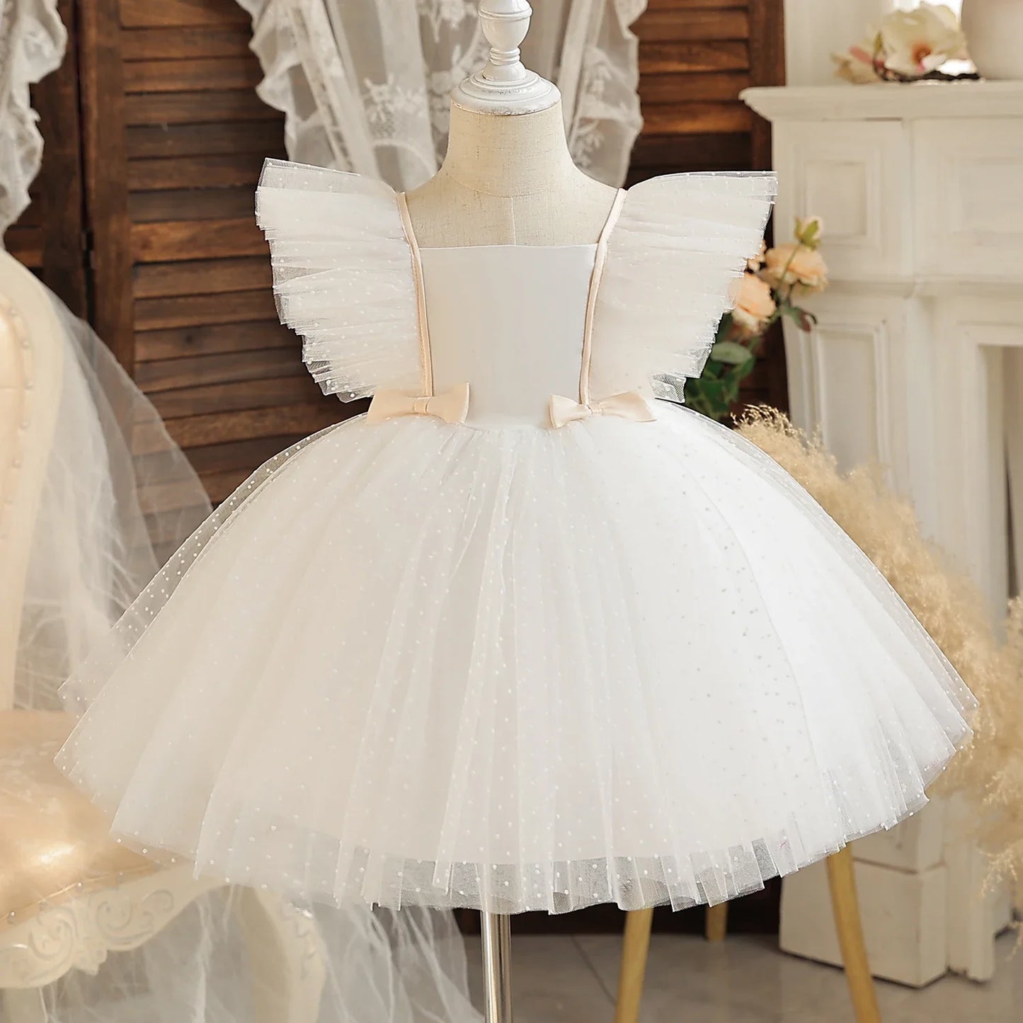 Toddler Girl Party Princess Dress Baby Champagne 1st Birthday Outfits Kids Summer Puff Sleeve Sequin Tutu Gown Girl Gala Clothes