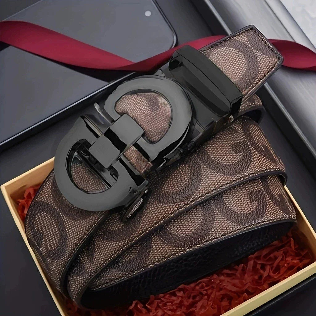 Men's Sleek Automatic Buckle Belt - Genuine FauxwithTextured Square Pattern, Black, Simple & Stylish DesignforCasual Attire