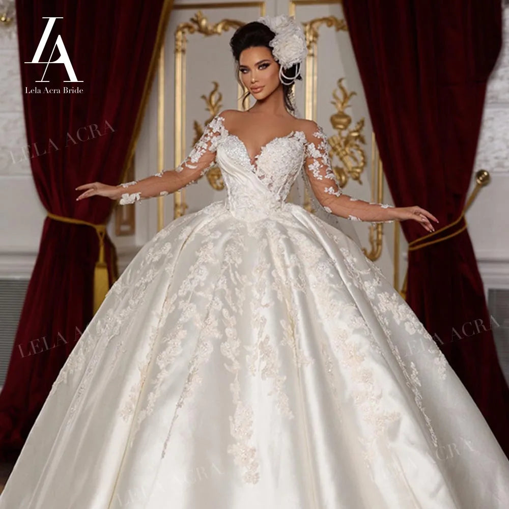 White Bridesmaid Dresses: Ball Gown Wedding Dress Long Sleeve Satin Court Train