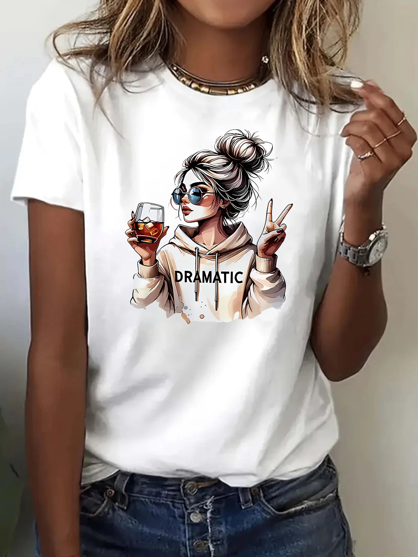 Streetwear 90s Women'S Casual Graphic T-Shirt "Dramatic" Print with Wine Print Short Sleeve T Shirt Clothing Top Tee