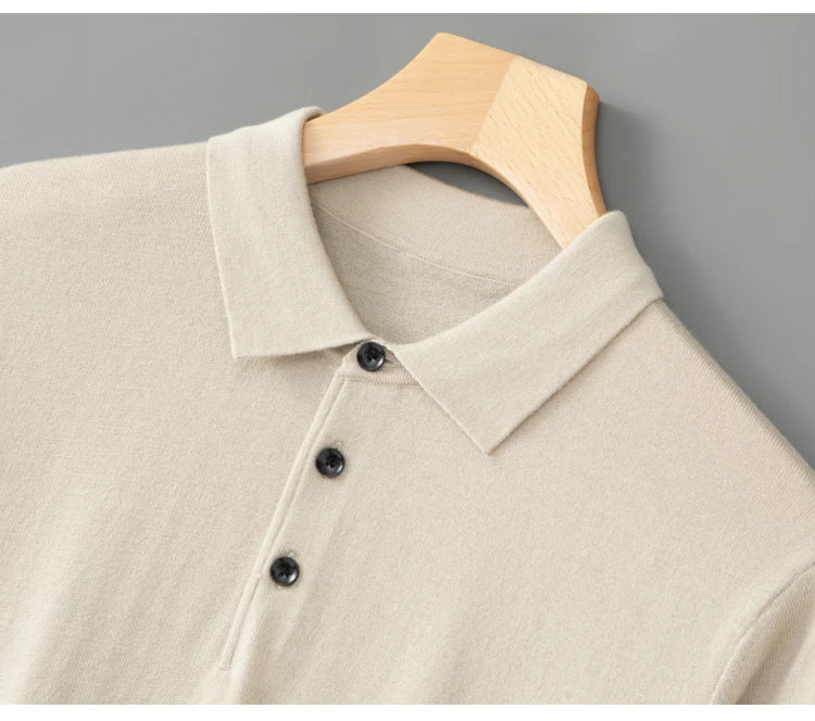 Spring Autumn Men Shirt  Merino Worsted Wool Knitted Pullover Long Sleeve Polo-Collar Clothing Tops Smart Casual Thin Outerwears