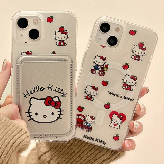 Cute Sanrio Hello Kitty Magnetic Card Wallet Holder Magsafe Wireless Charge Phone Case For iPhone 17 16 15 14 13 Pro Max Cover