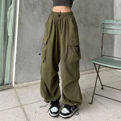 Women Cargo Pants Hip Hop Baggy Solid Color Multi Pockets Elastic Waist Match Top