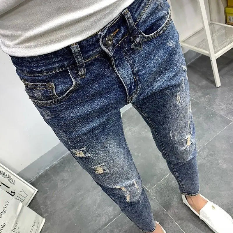 Men's Korean Style Classic Jeans Blue Ripped Jeans for Men Fashion Trendy