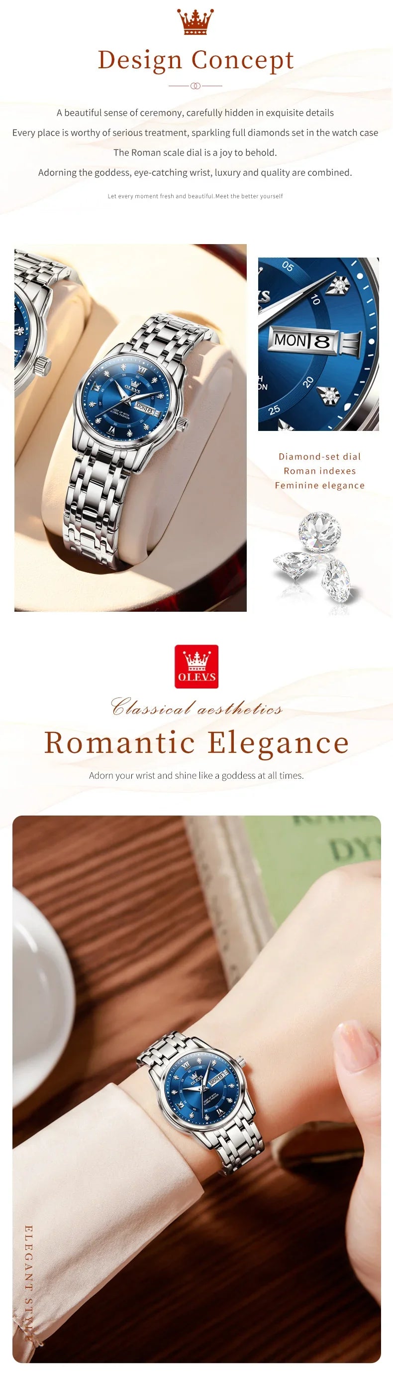 OLEVS 5513 Quartz Watch for Women Diamond Scale Dual Calendar Stainless Steel Strap Waterproof Watch Elegant Ladies Wristwatches