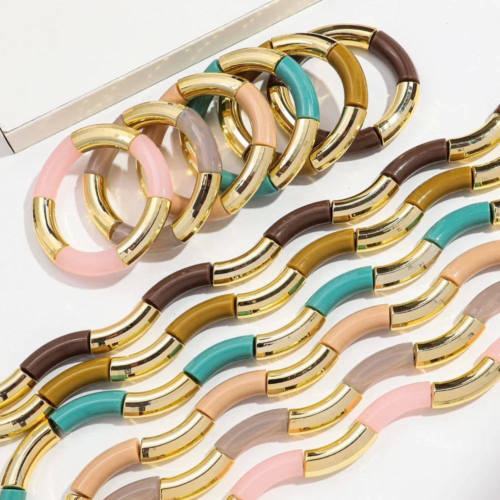 Fashion Acrylic 4PCS/Set Resin Amber Bamboo Bead Elastic Bracelet Bangles Tube Beads Handmake 2024 Trendy Designer Bracelet Set