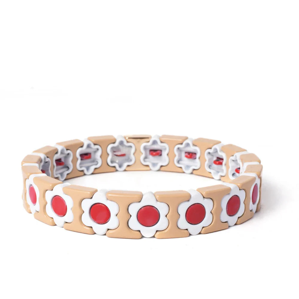 New Design Colorful Flower Charms Bangle For Women Handmade Bohemian Elastic Flower Bracelets Metal Beads Jewelry