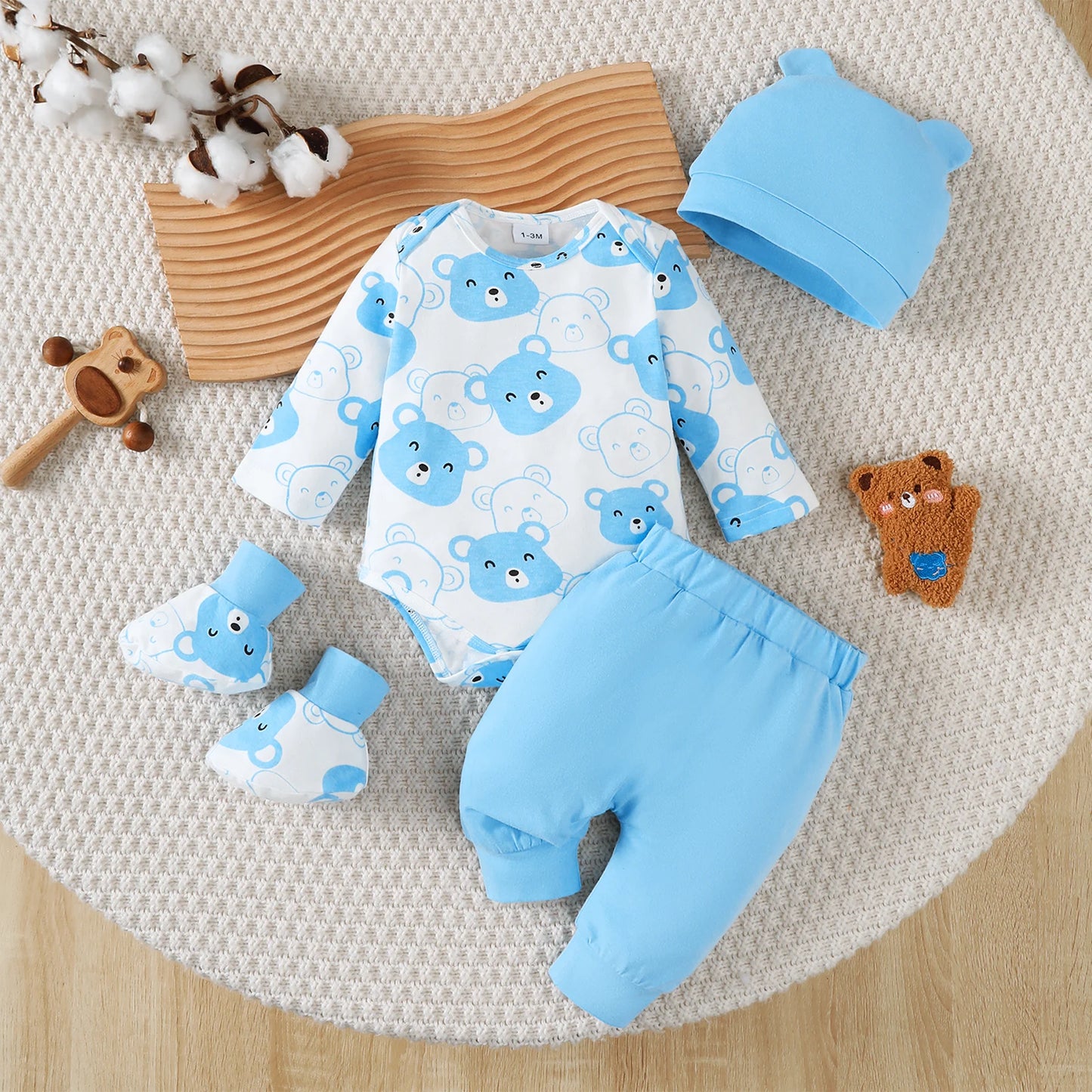 4 Colors 0-9 Months Newborn Baby Boy Autumn Clothing Set Bear Long Sleeve Bodysuit+Pants+Hat+Socks Cute Newborn Baby Gift Outfit