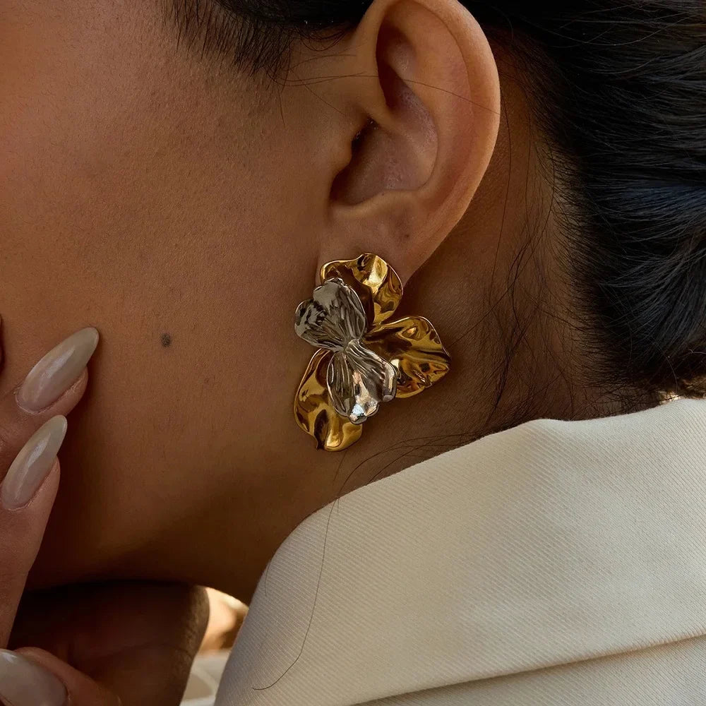 ENFASHION Aretes De Mujer Two Tone Flower Stud Earrings For Women's Stainless steel 18K Gold Plated Fashion Dating E251745