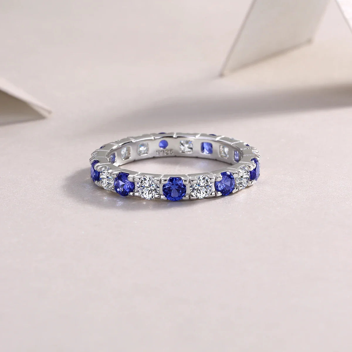 Elegant S925 Silver Ring with Alternating Moissanite & Blue Sapphires, 18K Gold Plated, Exquisite Design, Includes GRA Certifica