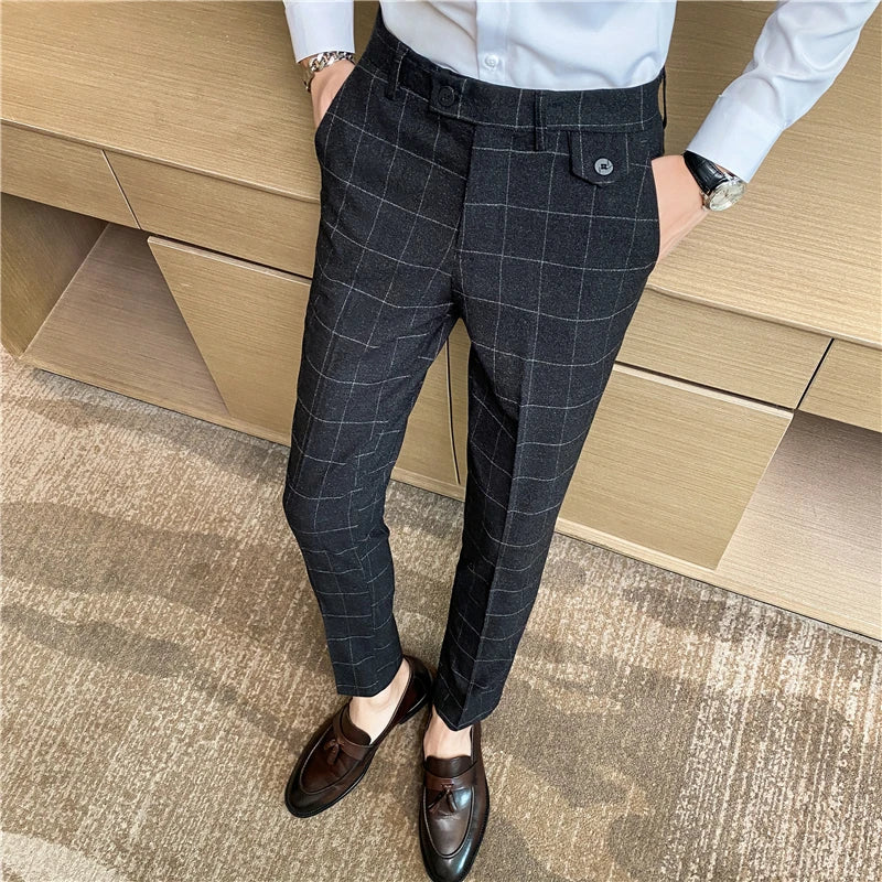 Fashion High Quality Men Suit Pants Straight Spring Autumn Long Male Plaid Classic