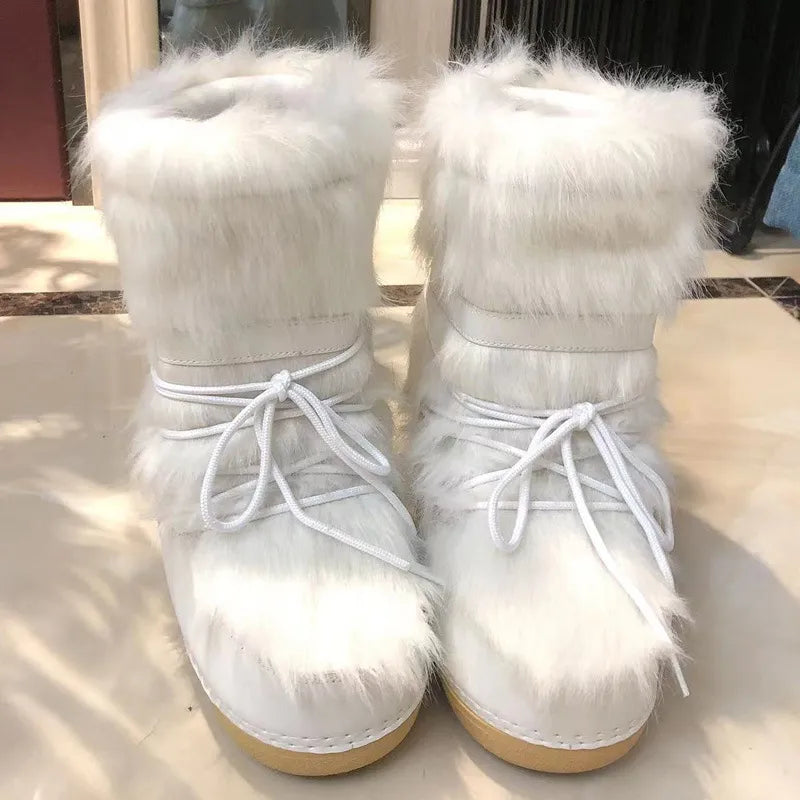 Winter Snow Boots Women Ski Boots Fluffy Hairy Lace Up Middle Calf Platform Flat
