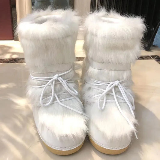 Winter Snow Boots Women Ski Boots Fluffy Hairy Lace Up Middle Calf Platform Flat