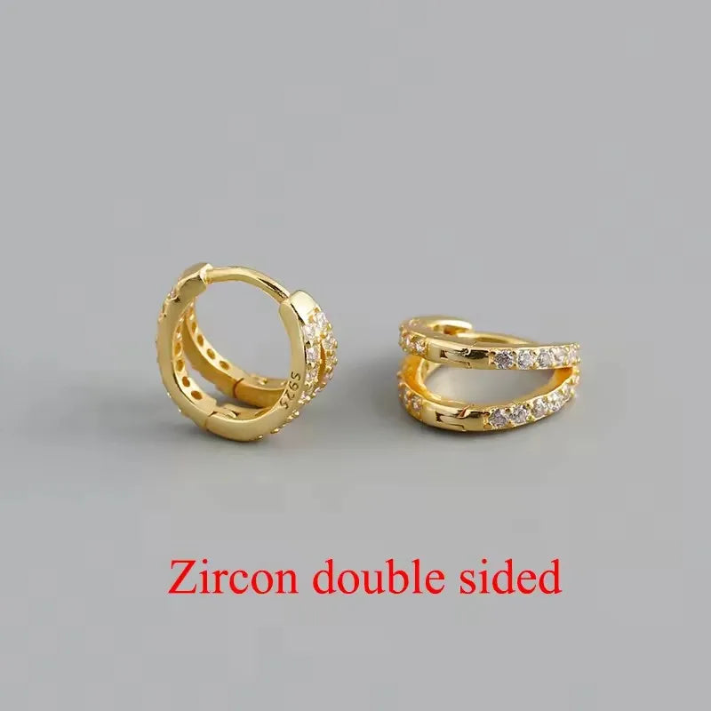 WANTME 925 Sterling Silver Fashion Luxury Shiny Double Layer Zircon Huggies Hoop Earrings for Women Plated 18k Gold Fine Jewelry