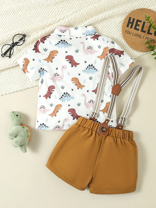 2-piece set of summer gentlemen's clothing for boys, cute dinosaur pattern bow short sleeved shirt+strap shorts, birthday party