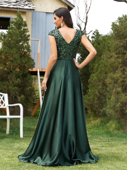 Lucyinlove Elegant V Neck Green Sequin Evening Dress Long 2024 Luxury Women Dress