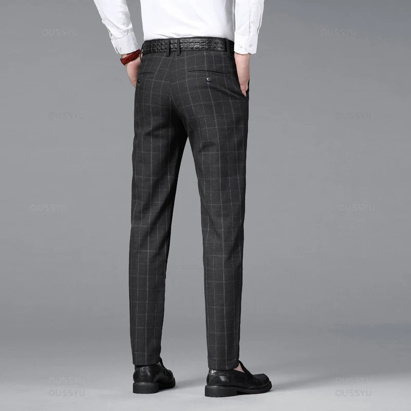 Plaid Stretch Pants Men Business Fashion Grey Black Casual Pants Male