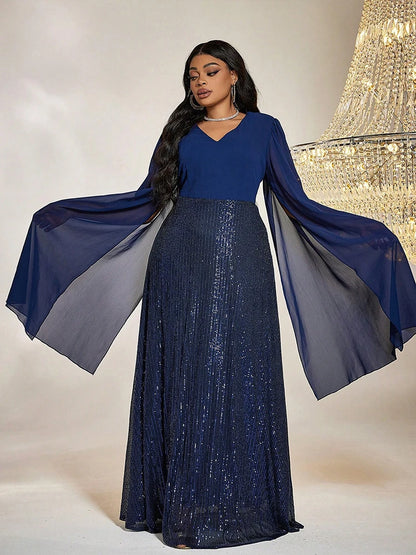 TOLEEN Women Plus Size Maxi Dresses Blue Sequin Formal Dress Elegant V-neck Extra Long Split Sleeves Tight Wedding Party Dress