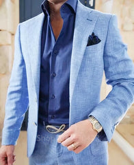 Blue Linen Notch Lapel Slim Fit Summer Men Suits Groom Tuxedos 2 Piece