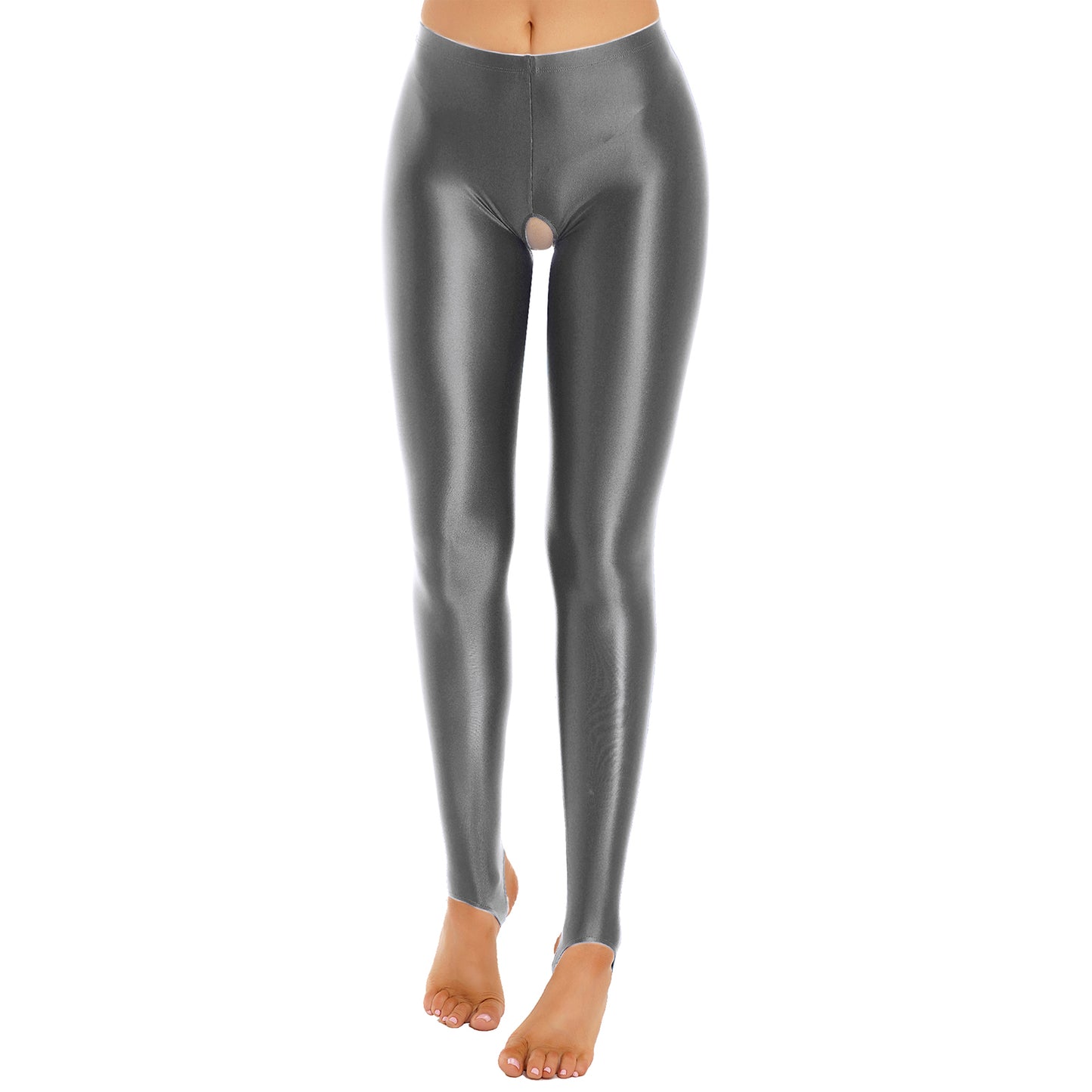 Womens Lingerie Glossy Open Crotch Stirrup Tights Leggings Stretchy Smooth Mid Waist