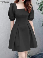 Fashion Women Square Neck Short Sleeve Party Sundress Casual Knee-length