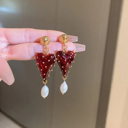 Minar Charming Red Color Resin Love Heart Dangle Earrings for Women Baroque Freshwater Pearl Long Earring Wedding Party Jewelry
