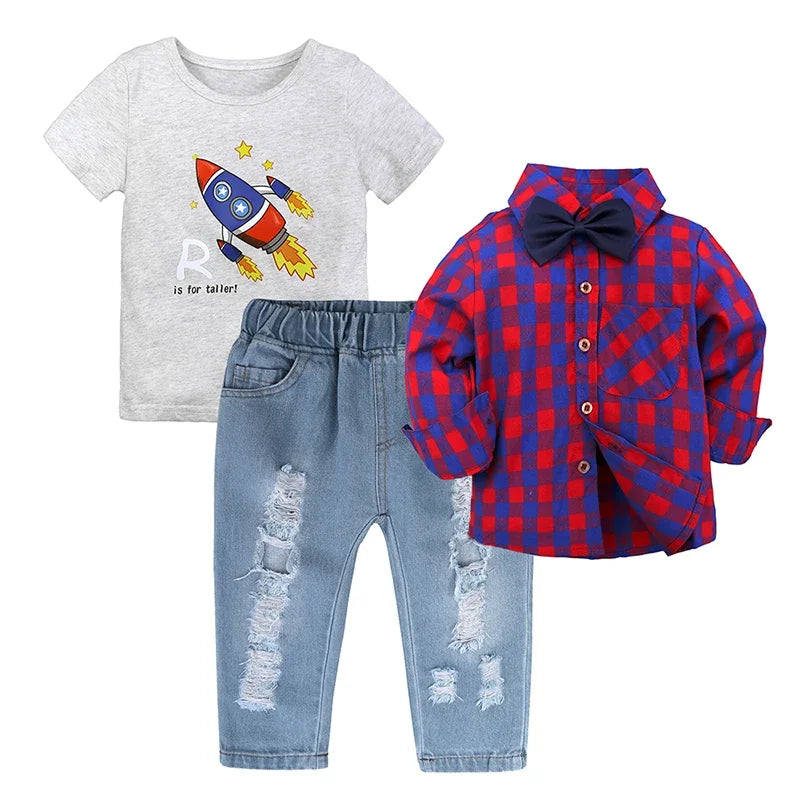 2025 Summer Boys Outfits Set 3Pcs Kids Random Cool Clothes Toddler T-Shirt + Jeans + Scarf Fashion Suits Children's Clothing Set