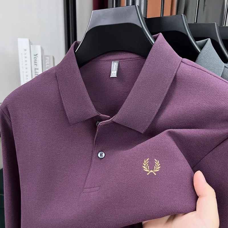 100% pure cotton high-end brand men's long sleeved polo shirt autumn fashion hot selling wheat embroidery golf business T-shirt