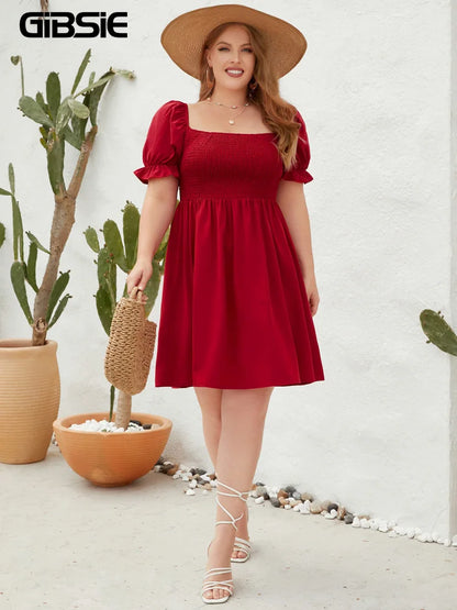 GIBSIE Plus Size Square Neck Shirred Puff Sleeve Dress Women 2023 Summer High Waist Sweet Casual Holiday A-line Short Dresses