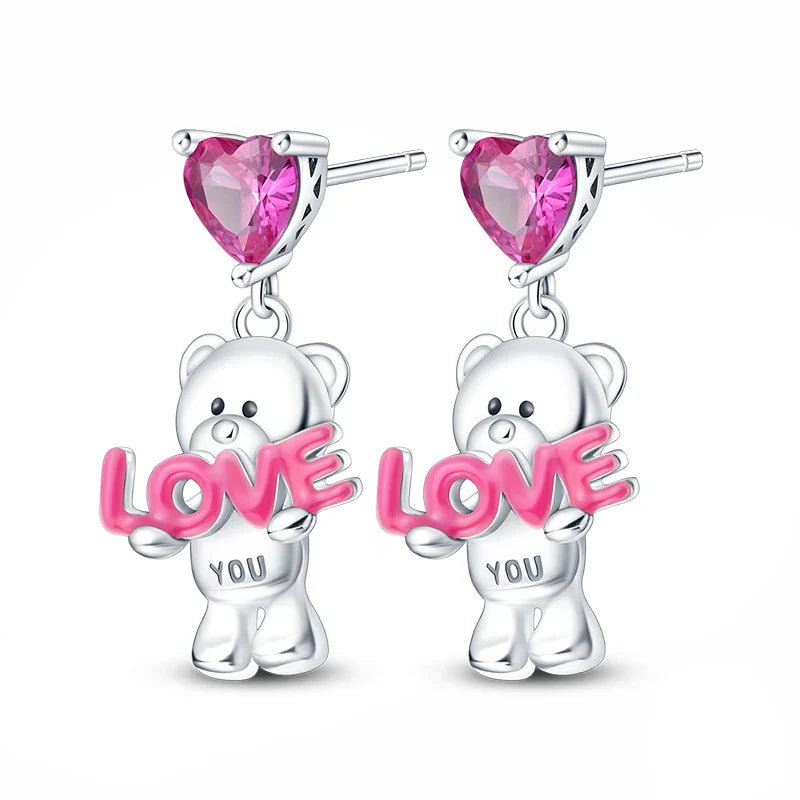 Earrings For Womens 925 Silver Color Pink Rainbow Horse Bear Bee Double Hoop Earrings Fine Engagement Anniversary Jewelry Gifts