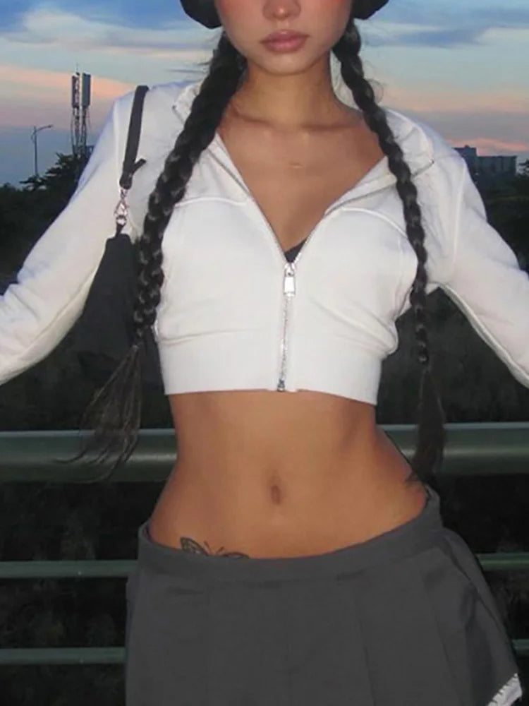 Y2K Aesthetic Vintage Basic Zip Up White Cropped Hoodies 2000s