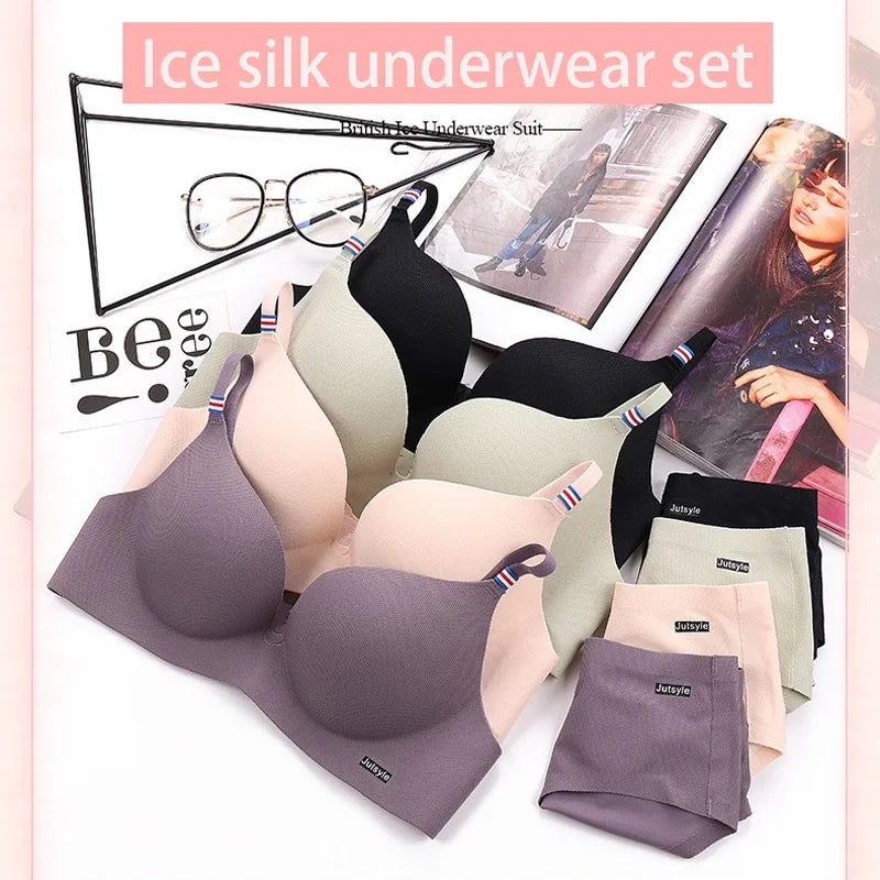 British set Underwear Ice Silk panties Gathered Seamless No Steel Ring Bra Soft