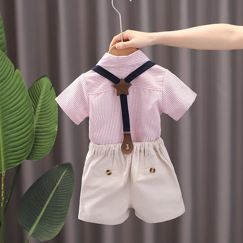 New Summer Kids Boy's Clothes Suits Children Blue Striped Shirt Bib Shorts 2Pcs/Set Gentleman Toddler Baby Tracksuits 0-5 Years