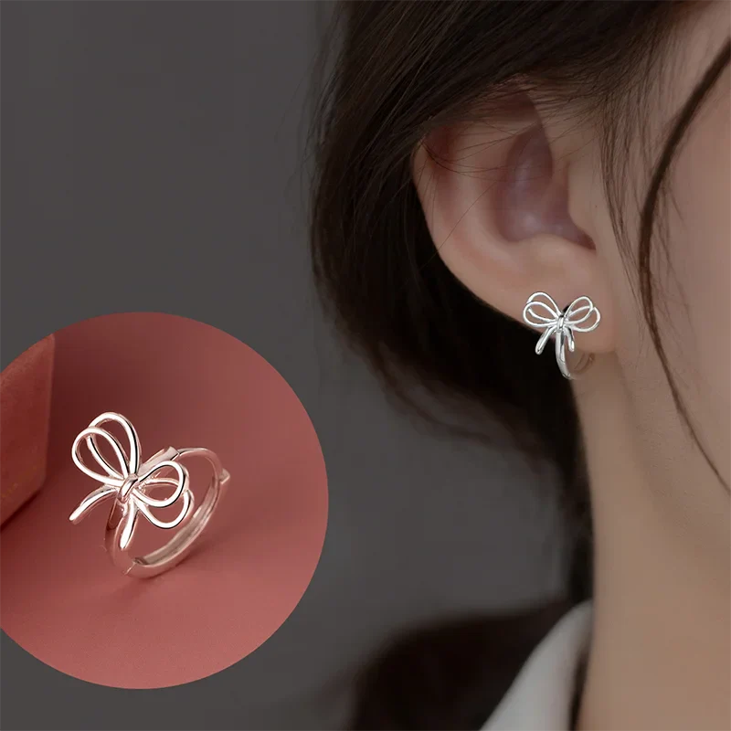 WANTME 925 Sterling Silver Hollow Romantic Bow Huggies Ear Hoops Earrings for Women Fashion Elegant Charm Party Jewelry Gifts