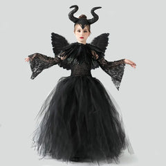 Halloween Black Queen Cosplay Costume For Girl Lace Dress Festive Child Up