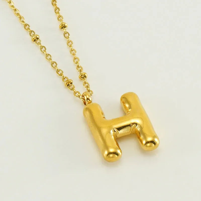 Vintage Stainless Steel Balloon Bubble Chunky Letter Necklace for Women 18K Gold