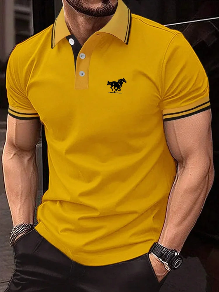 Men Horse Print Striped Trim Polo Shirt Short Sleeve Basic Modern Solid Color Golf Shirt Men's Clothing