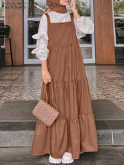 Women Straps Dress Turkey Abaya Hijab Maxi Long Dresses Autumn Solid Ruffles