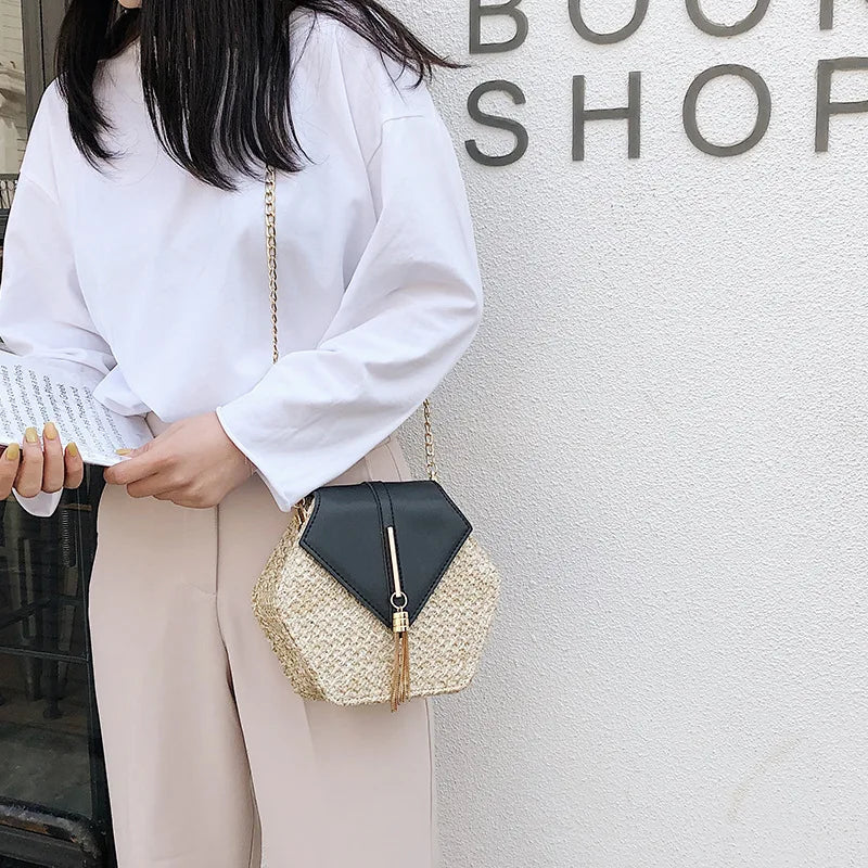 Straw+leather Handbag Women Summer Rattan Bag Handmade