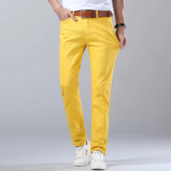 Men's Bright Stretch Fit Jeans Trendy Denim Straight-leg Trousers Male Red Lake