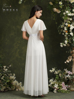 Beach Ivory Wedding Dresses For Women A-Line Puffer Short Sleeve