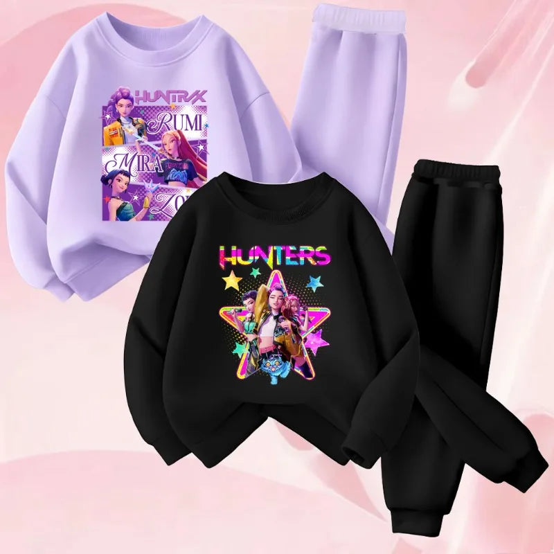 K-POPcartoon Printed Spring Autumn Girls O Neck Hoodies Sets Children Sweatshirt Sweatpant 2pcs Suit Kids Casual Pullover Set