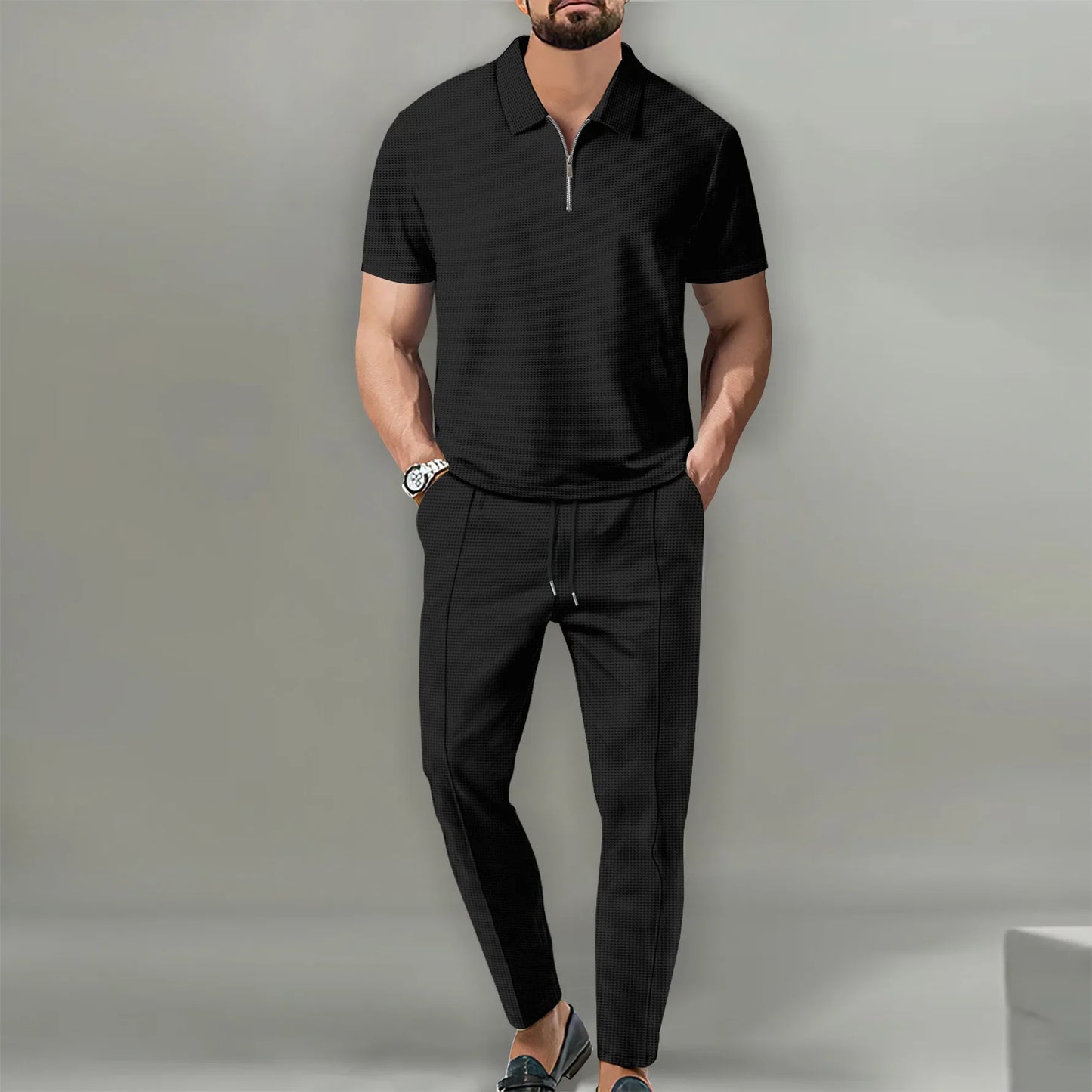 2024 New Trend Men's Sport Suit Autumn New Mens Suits Solid Color Waffle Lapel Short Sleeve Zipper Pants Set for Men