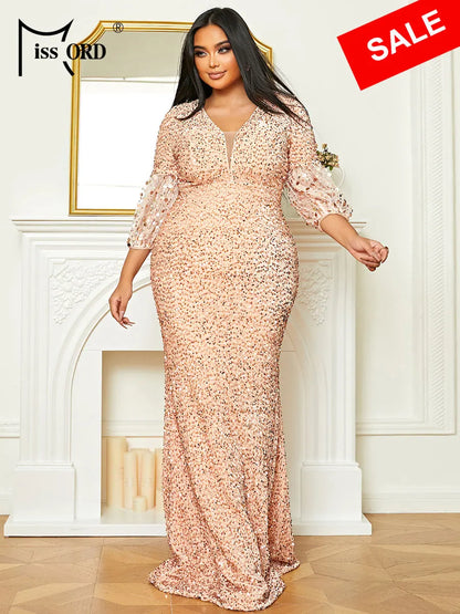 Missord Elegant Pink Sequin Plus Size Wedding Party Dress Women V-neck Lantern Sleeve Bodycon Prom Evening Dresses Long Gown