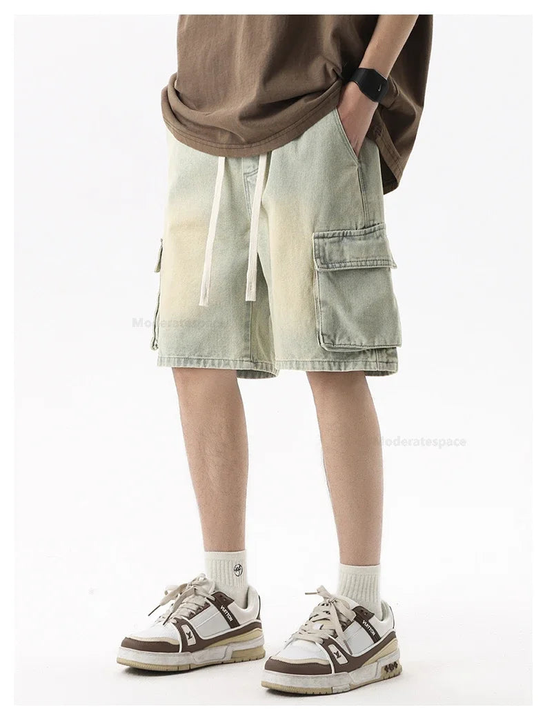 Summer Retro Fashion Denim Shorts for Men Loose Straight Leg Multi-pocket Short Jeans With Elastic Waist and Drawstring Male