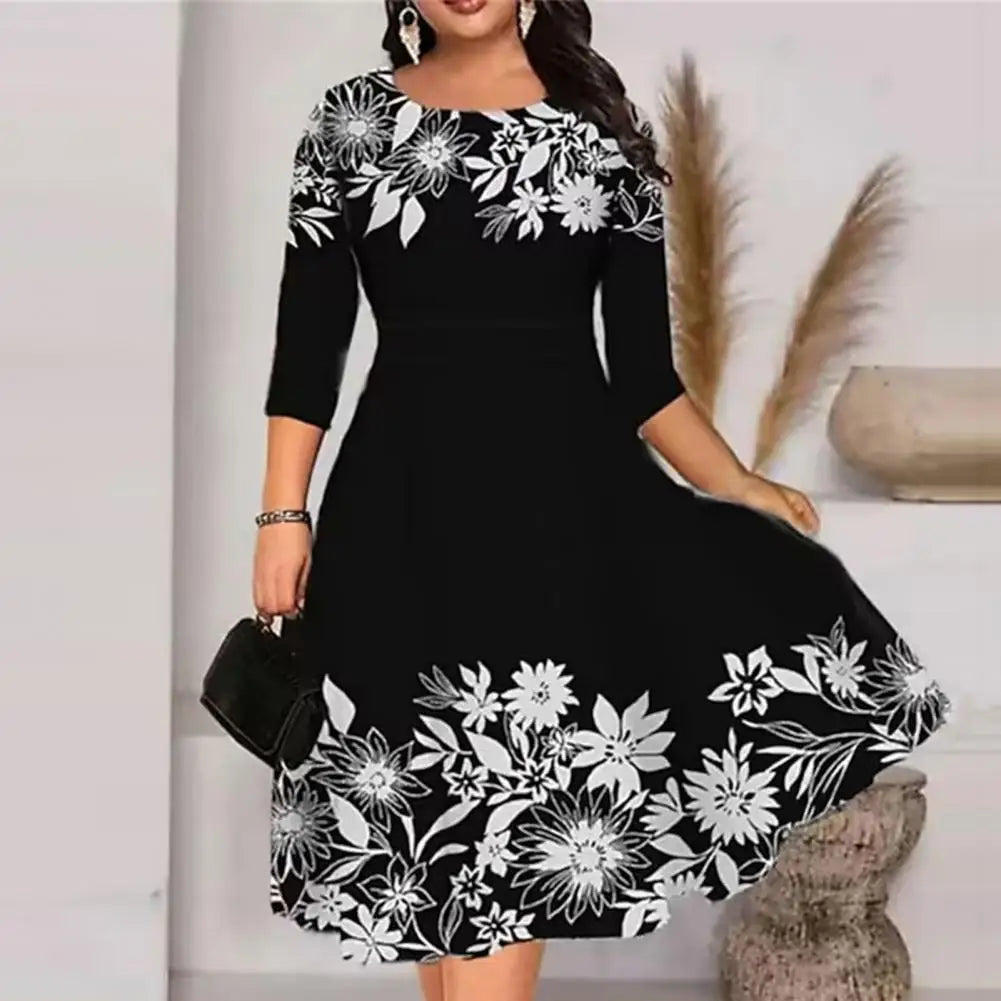 Women Dress Summer O-neck 3/4 Sleeve Midi Dress Plus Size Butterflies Printing Waist Tight Loose Hem Casual Dress Streetwear