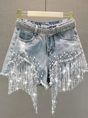 Summer Elegant Shorts Lady Tassel Beading High Waist Wide Leg Denim