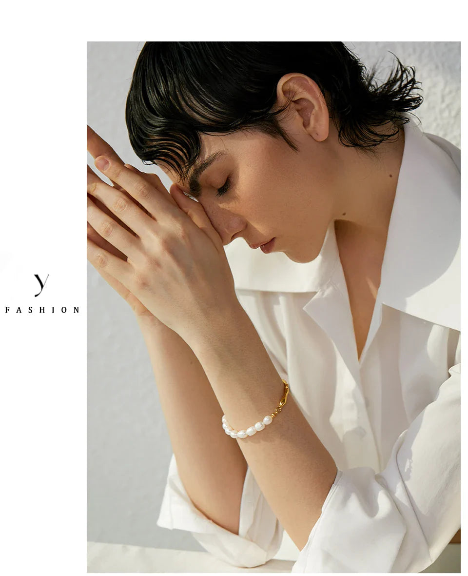 Yhpup Luxury Natural Freshwater Pearls Stainless Steel 18k Gold Color Bracelet Bangle Temperament Fashion Jewelry Women New Gift