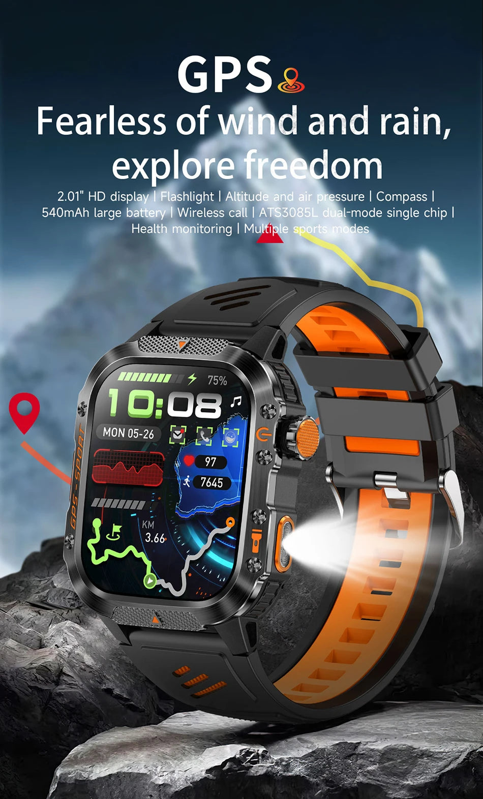 2025 New Military Outdoor Smart Watch Men's GPS Flashlight Bluetooth Call 2.01" AMOLED Screen 3ATM Waterproof Sports Smartwatch
