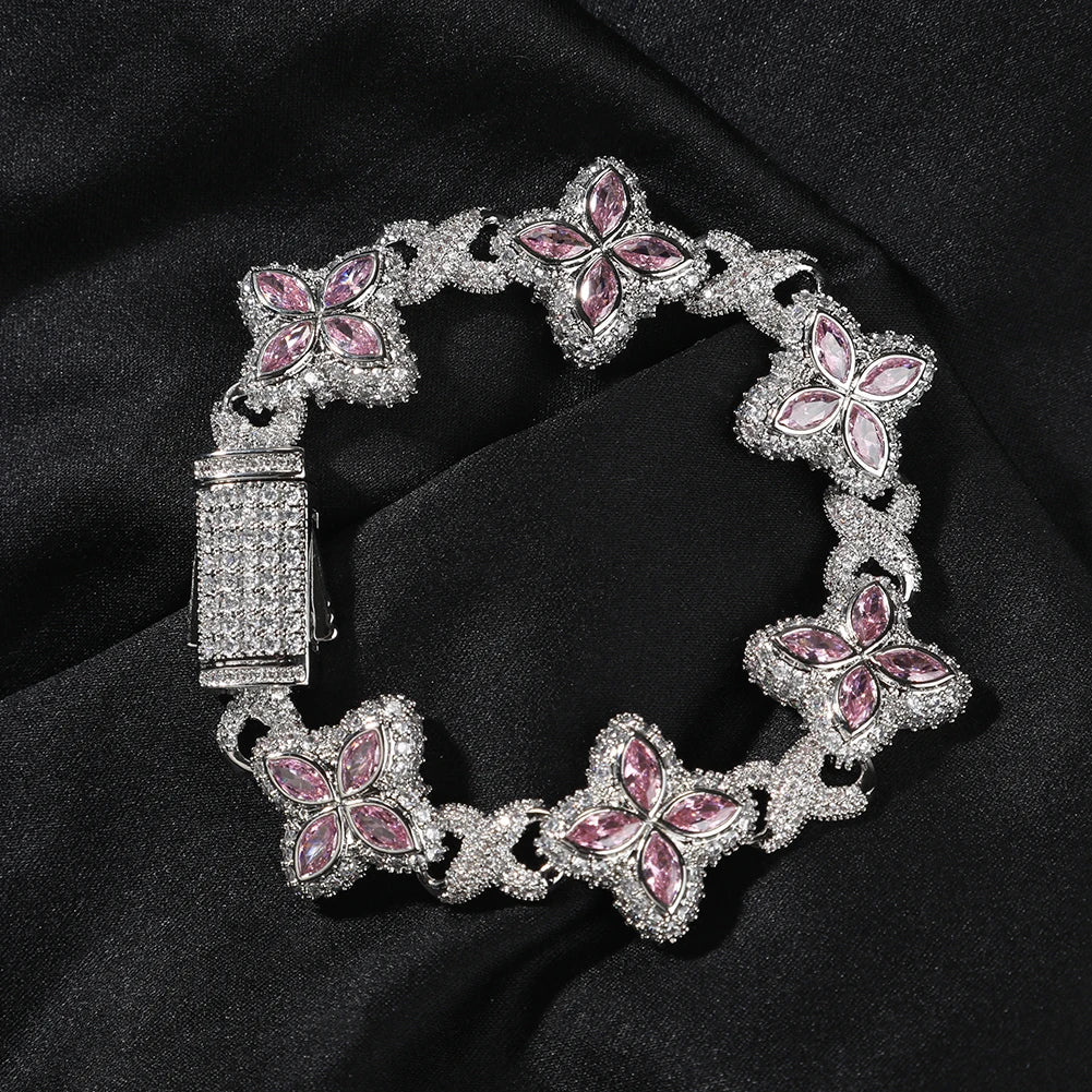 UWIN Iced Baby Blue Baguettecz Floral Infinity Bracelets for Women Men Cubic Zirconia Cuban Link Chain Anklets Fashion Jewelry